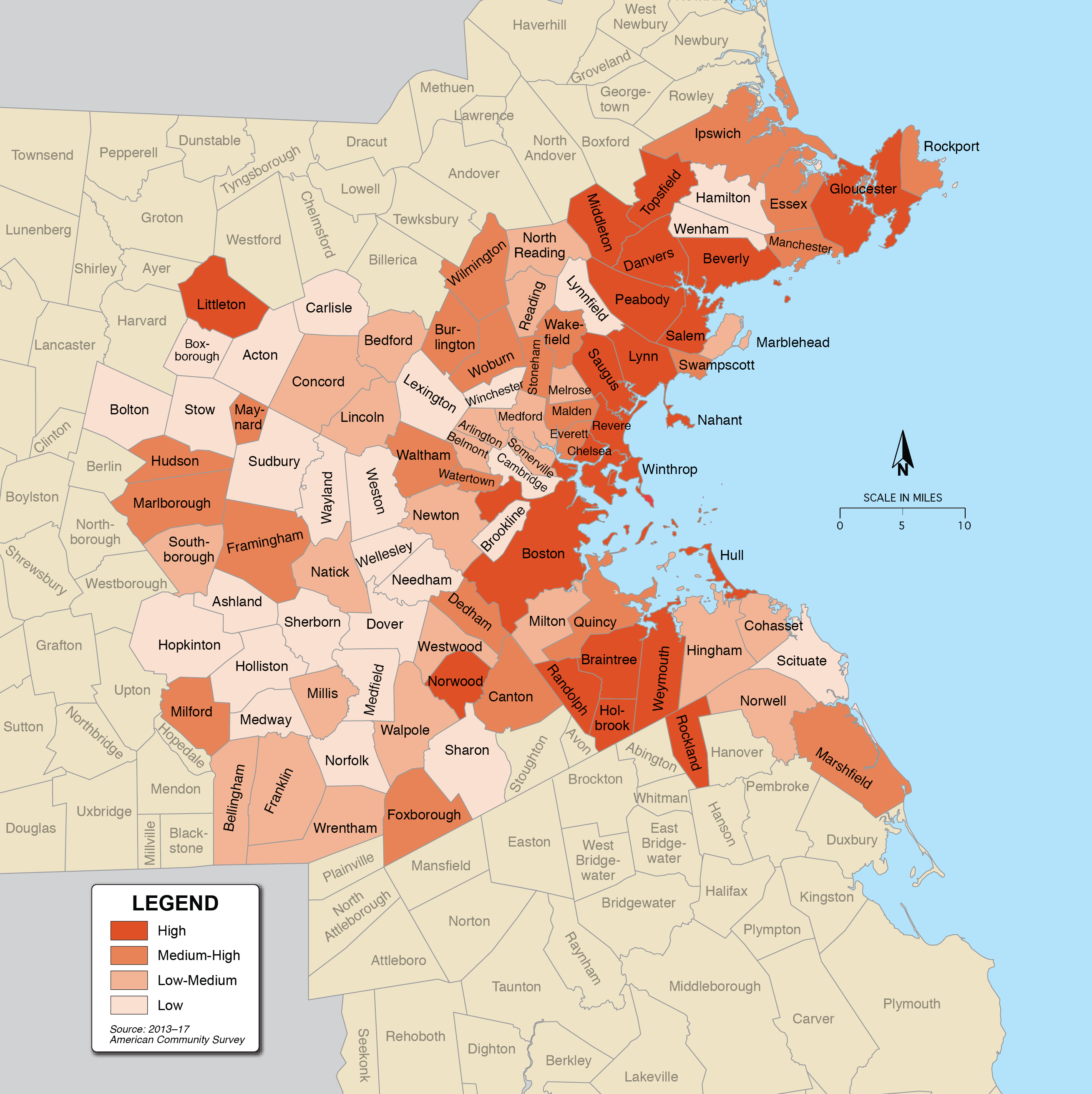 This map shows the share of the population with a disability in the Boston region by municipality.